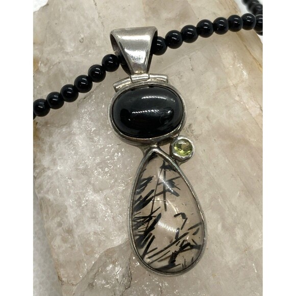 Starborn Rutilated Quartz Pendant 18'' Onyx Bead Necklace Sterling‎ Silver 17g - Picture 1 of 10